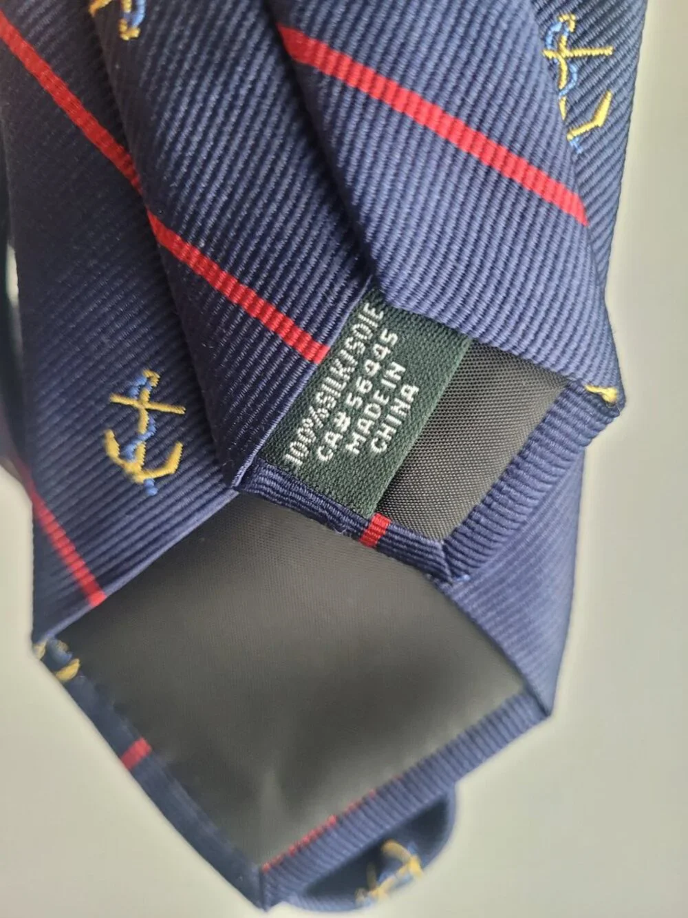 J Crew Men's 100% Silk Tie Anchor Striped Classic Navy Blue & Red Embroidered